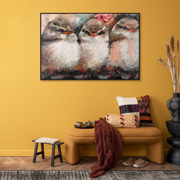 Abstrakte Tierkunst mit drei Vögeln – modernes Acrylbild auf Leinwand