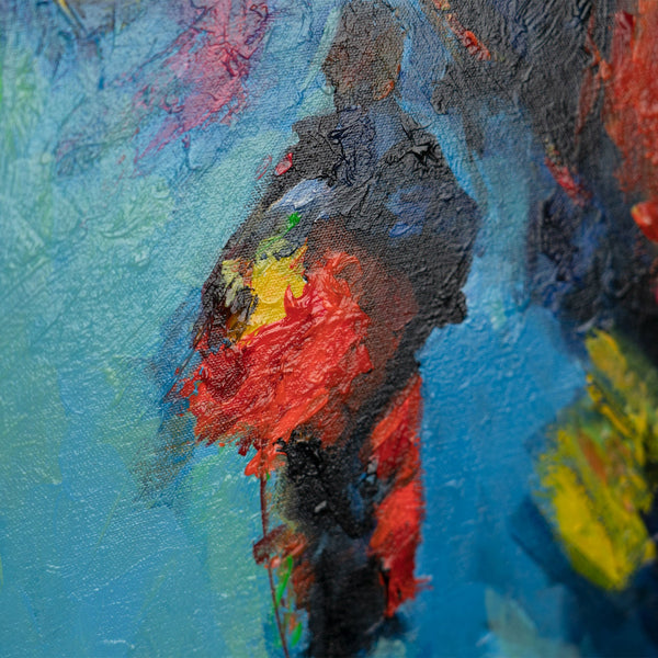 Detailansicht farbiger Figuren – leuchtende Acrylstruktur auf Leinwand