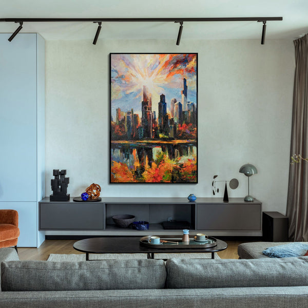 Modernes Cityscape Acryl Gemälde als Wanddeko über Sofa in Wohnraum