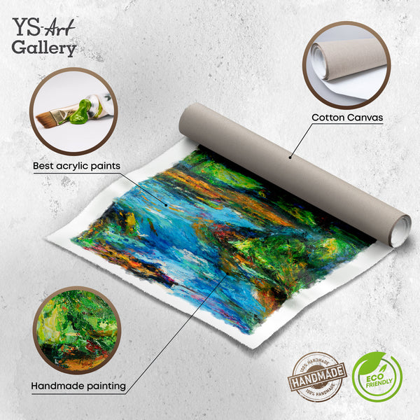 Strukturierte Acrylmalerei – Naturbild auf Leinwand mit Fluss und Bäumen