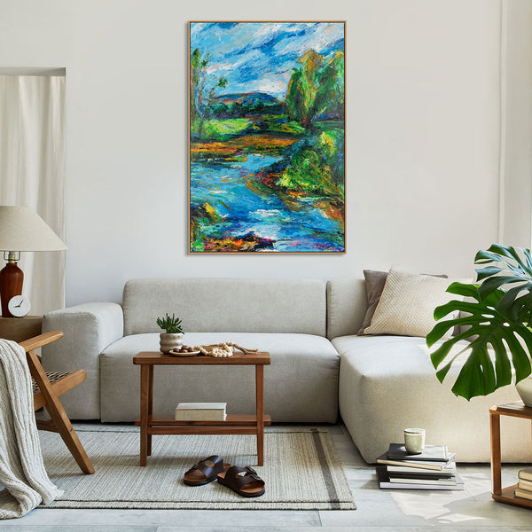 Natur Gemälde Acryl – farbenfrohe Landschaft über Sofa im hellen Raum