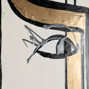 Detailaufnahme stilisiertes Auge mit goldener Struktur auf Leinwand