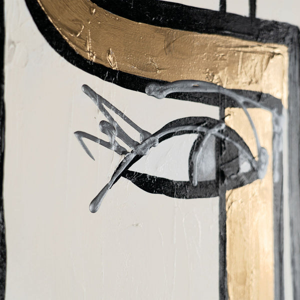 Detailaufnahme stilisiertes Auge mit goldener Struktur auf Leinwand