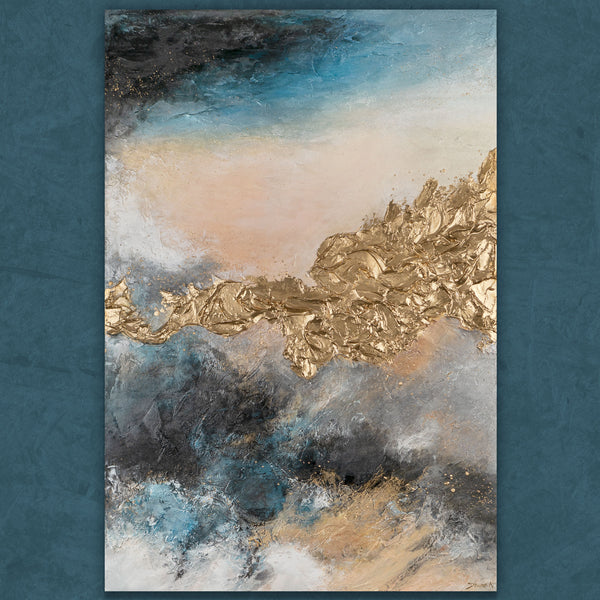 Großes Wandbild mit goldener Acrylstruktur und Farbverläufen
