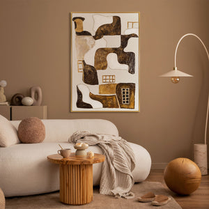 Abstrakte Wandkunst in Braun und Creme – modernes Leinwandbild im Raum