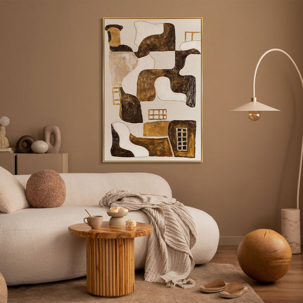 Abstrakte Wandkunst in Braun und Creme – modernes Leinwandbild im Raum