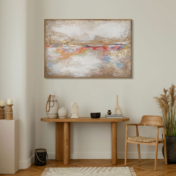 Strukturiertes Acrylbild mit Goldakzenten als Wanddeko im Interieur