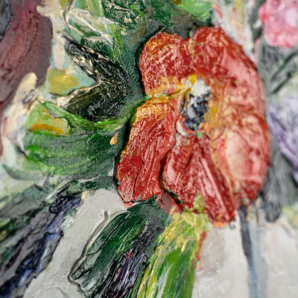 Strukturdetail mit violetter und oranger Blüte in Acryl