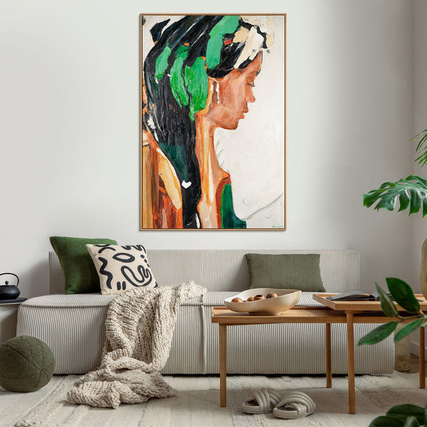 Moderne Wanddeko Wohnzimmer – abstraktes Frauenportrait auf Leinwand