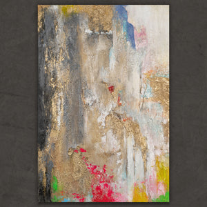 Abstraktes Acrylbild mit Gold, Beige und Farbflächen auf Leinwand