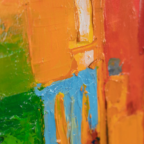 Detailaufnahme: grüne und orange Farbschichten auf Acryl