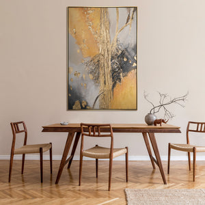 Abstraktes Wandbild in Gold und Grau als moderne Esszimmer-Deko