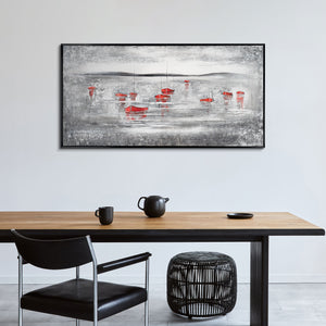 Wandbild mit roten Booten als moderne Dekoration im Büro