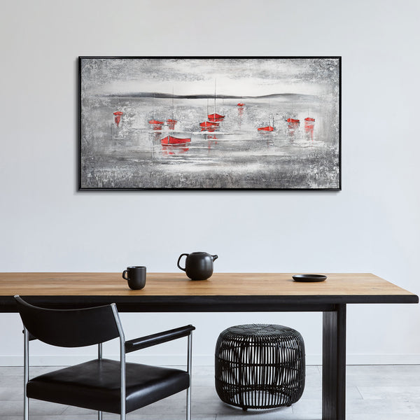 Wandbild mit roten Booten als moderne Dekoration im Büro