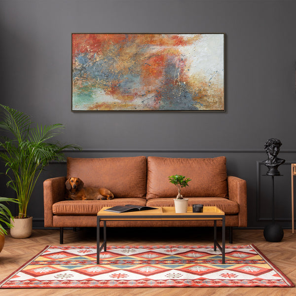 Wandbild mit Acrylstruktur und warmen Farbtönen im Interieur