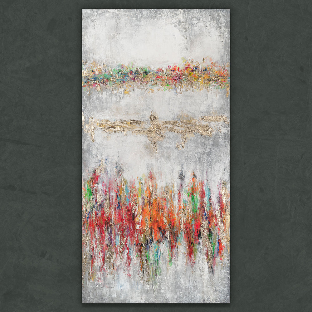 Acrylbild mit goldener Struktur und buntem Farbspiel auf Leinwand