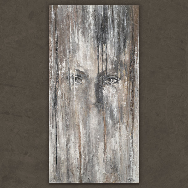 Abstraktes Acrylbild mit mysteriösem Frauengesicht auf Leinwand