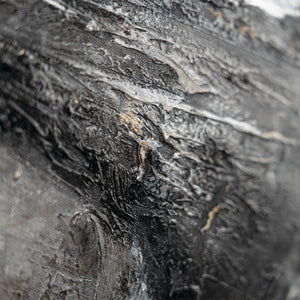 Nahaufnahme strukturierter Acrylfarbe in Grautönen mit Relief