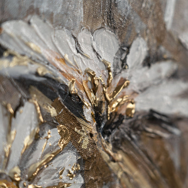 Nahaufnahme Blütenstruktur – florales Acrylbild mit Goldakzenten