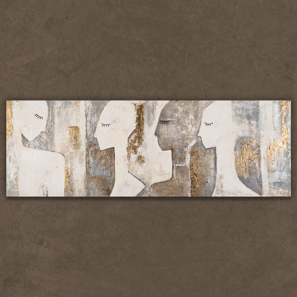 Komplettes abstraktes Kunstwerk mit vier Gesichtern in Beige und Gold