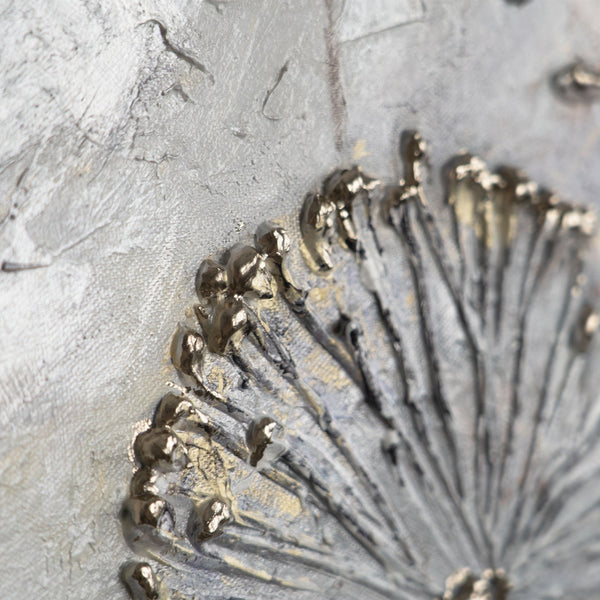Detailaufnahme goldener Struktur auf Acrylbild mit Pusteblumen