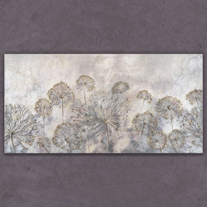 Großes Acrylgemälde mit Pusteblumen und Goldstruktur auf Leinwand