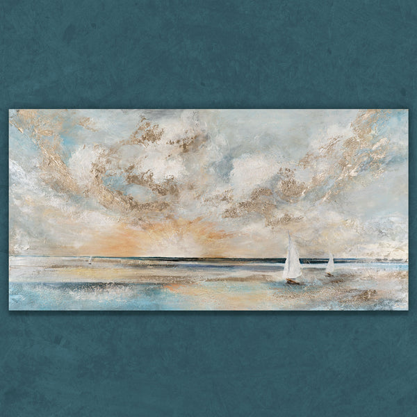Horizontales Leinwandbild mit Segelbooten und Sonnenaufgang