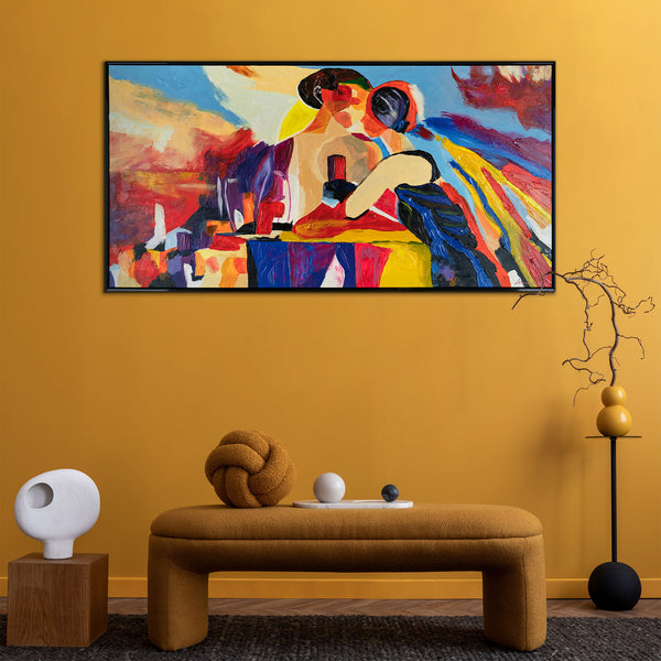 Modernes abstraktes Gemälde mit Figuren im Wohnzimmer
