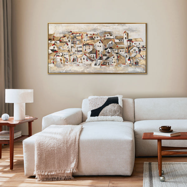modernes Wandbild mit Häusern in stilvollem Wohnambiente