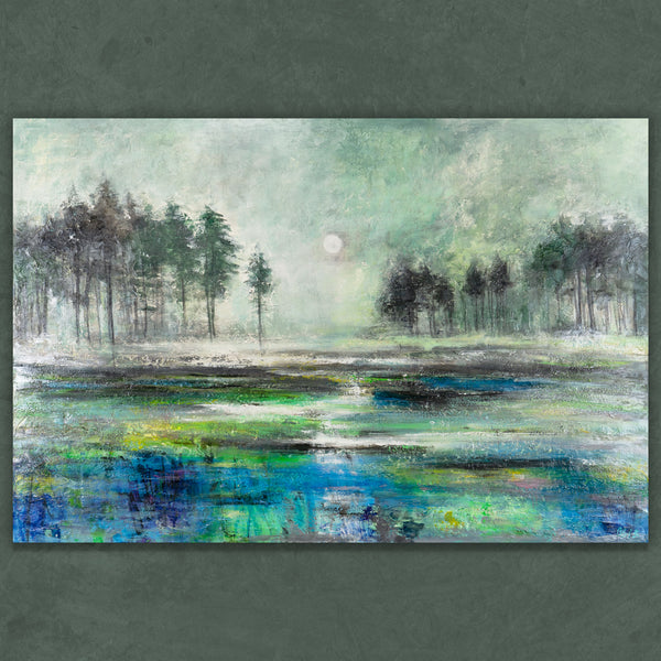 Waldlandschaft Acrylgemälde mit Nebel und reflektierendem Wasser