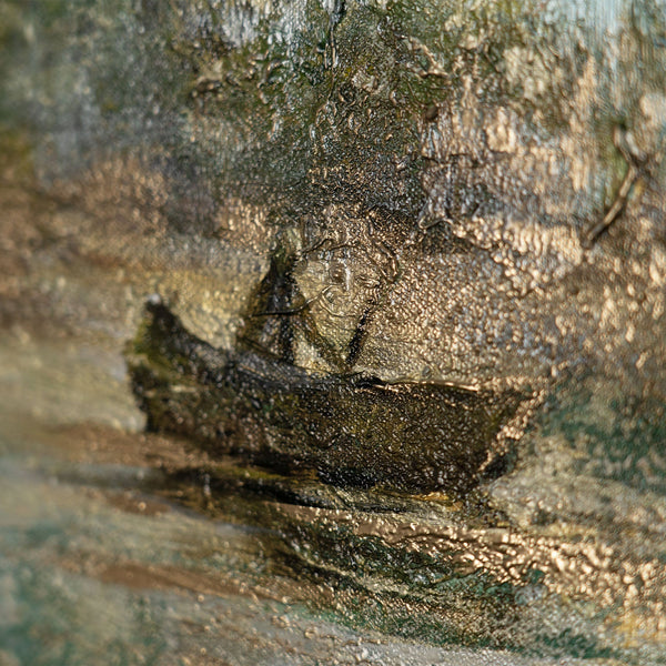 Detail: kleines Ruderboot auf ruhigem Wasser – Teil des Wandbildes