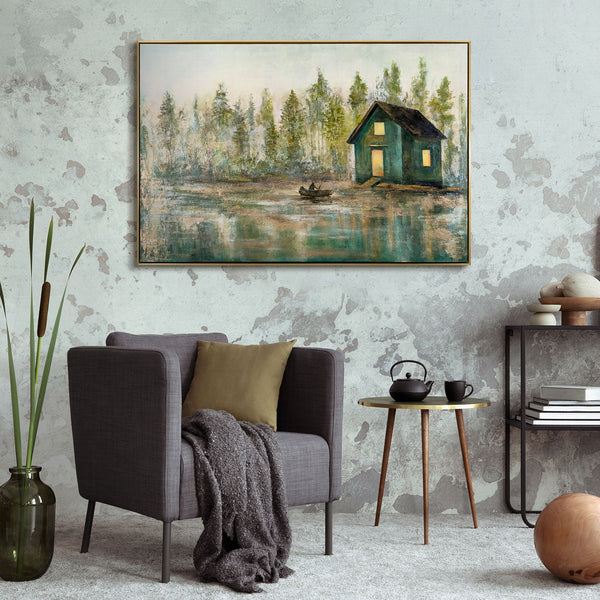 Wandbild mit See und Haus im Interieur – stimmungsvolle Naturdeko