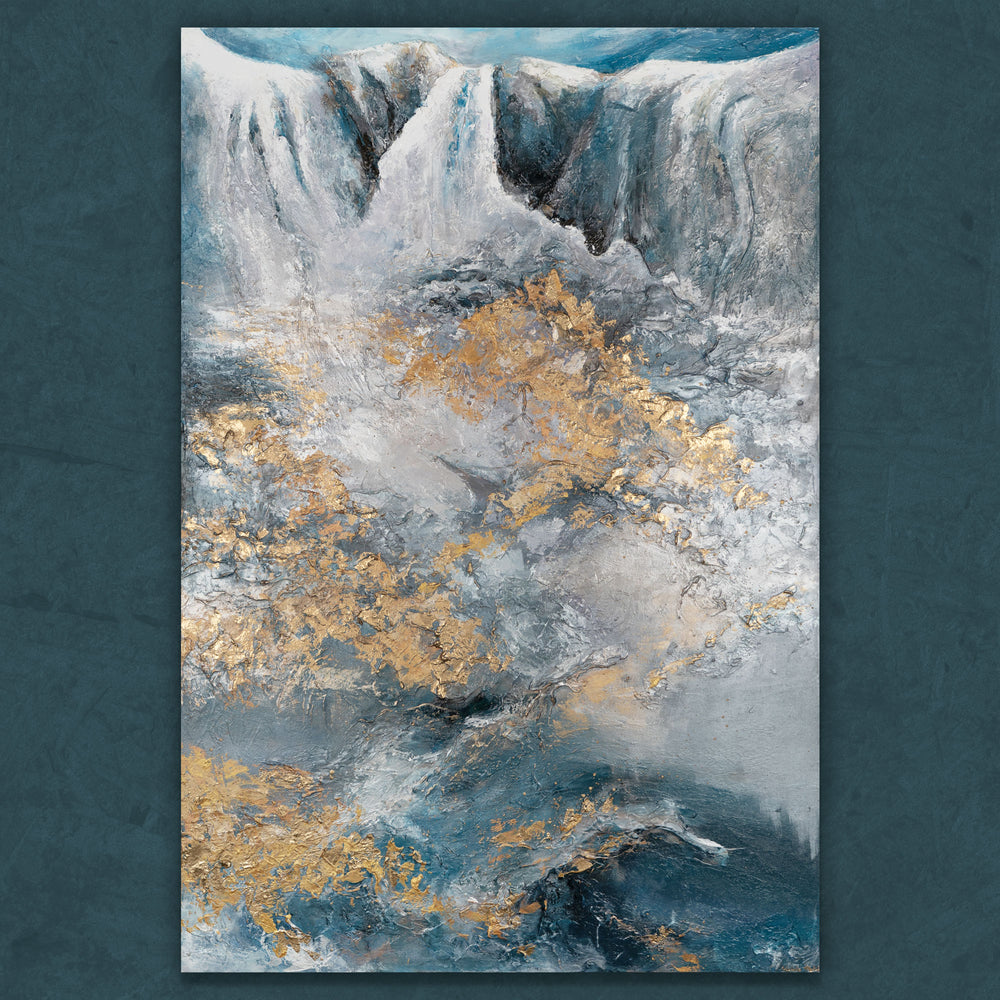 Komplettes Wandbild mit Goldstruktur und Wasserfall-Motiv – modernes Gemälde