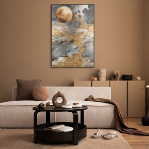 Wanddeko mit abstrakter Planetenszene in stilvollem Interieur