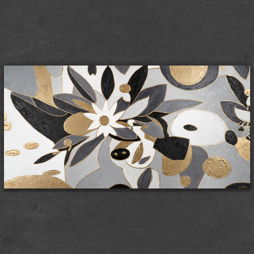 Florales Leinwandbild abstrakt – moderne Wandkunst in Gold und Weiß