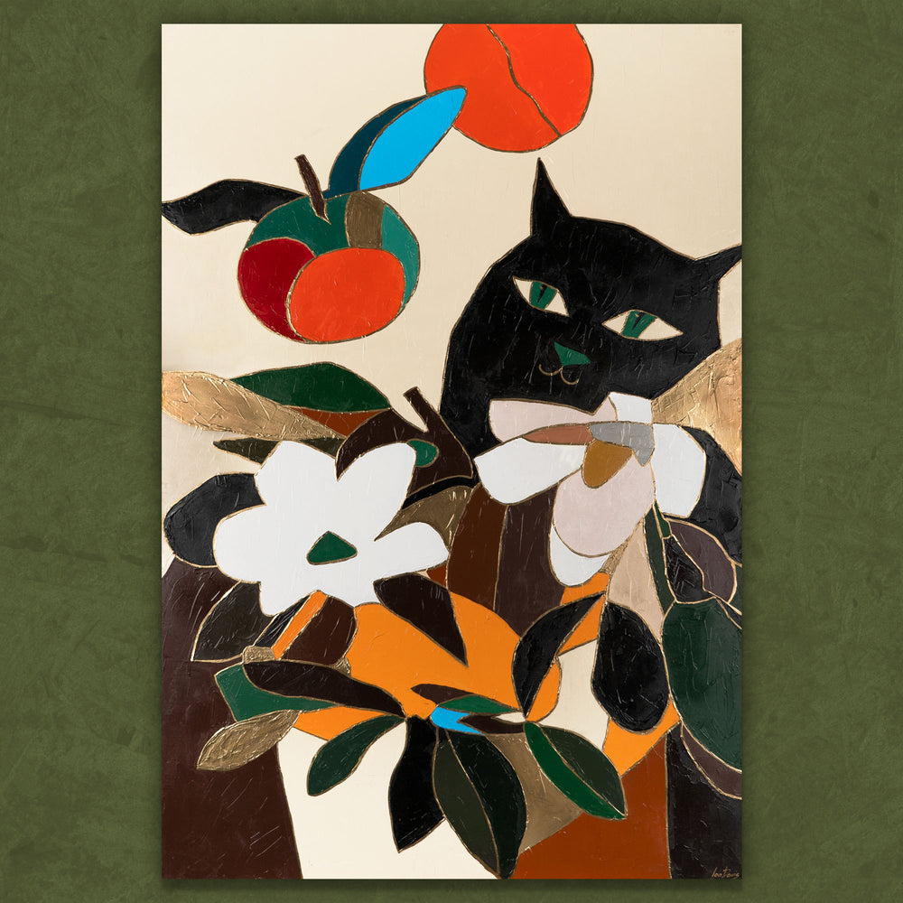Komplettes Acrylbild mit Katze, Blüten und Früchten in kräftigen Farben