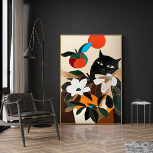 Wandbild mit Katze im modernen Interieur – farbenfrohes Gemälde auf Leinwand