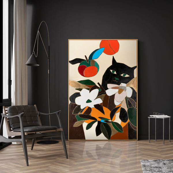 Wandbild mit Katze im modernen Interieur – farbenfrohes Gemälde auf Leinwand