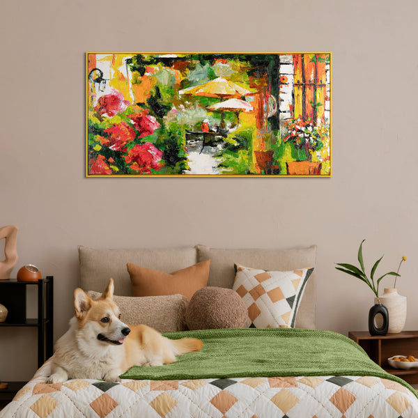 Wohnzimmer mit buntem Blumen Wandbild im Sommerstil