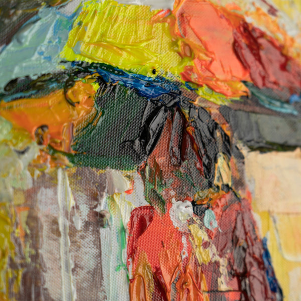 Nahaufnahme von Acryltextur in bunten Stadtfarben