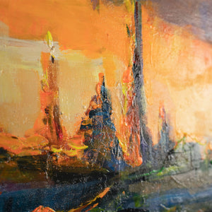 Strukturierte Details Stadt Silhouette in Acrylfarben Orange Blau