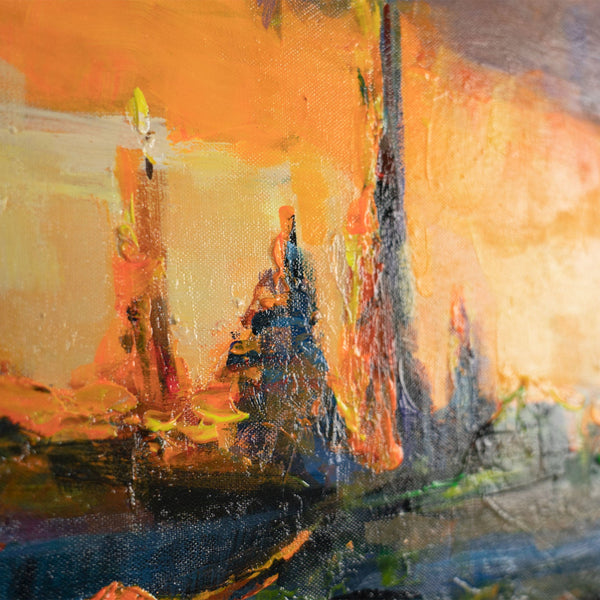 Strukturierte Details Stadt Silhouette in Acrylfarben Orange Blau