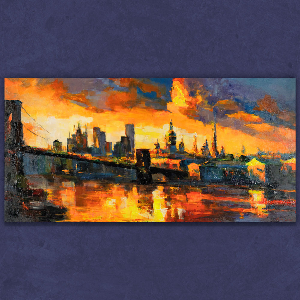 Moderne Stadtlandschaft auf Leinwand mit Brücke im Sonnenuntergang