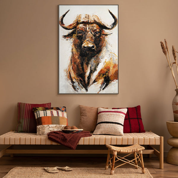 Moderne Wohnzimmerdeko mit Tierportrait auf Leinwand – Büffel