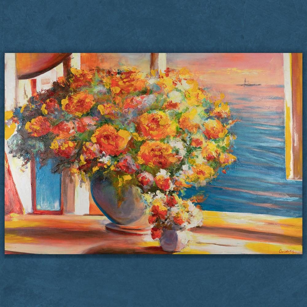 Blumen Gemälde Acryl auf Leinwand mit Meeresblick