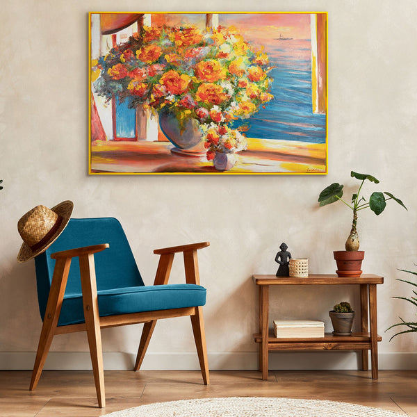 Blumen Acrylbild im hellen Wohnzimmer als Wanddeko