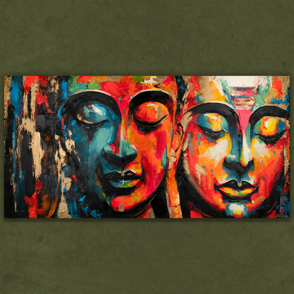 Modernes Acryl Gemälde mit zwei Buddha Gesichtern abstrakt