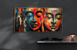 Abstrakte Buddha Wanddeko als Eyecatcher im Wohnzimmer