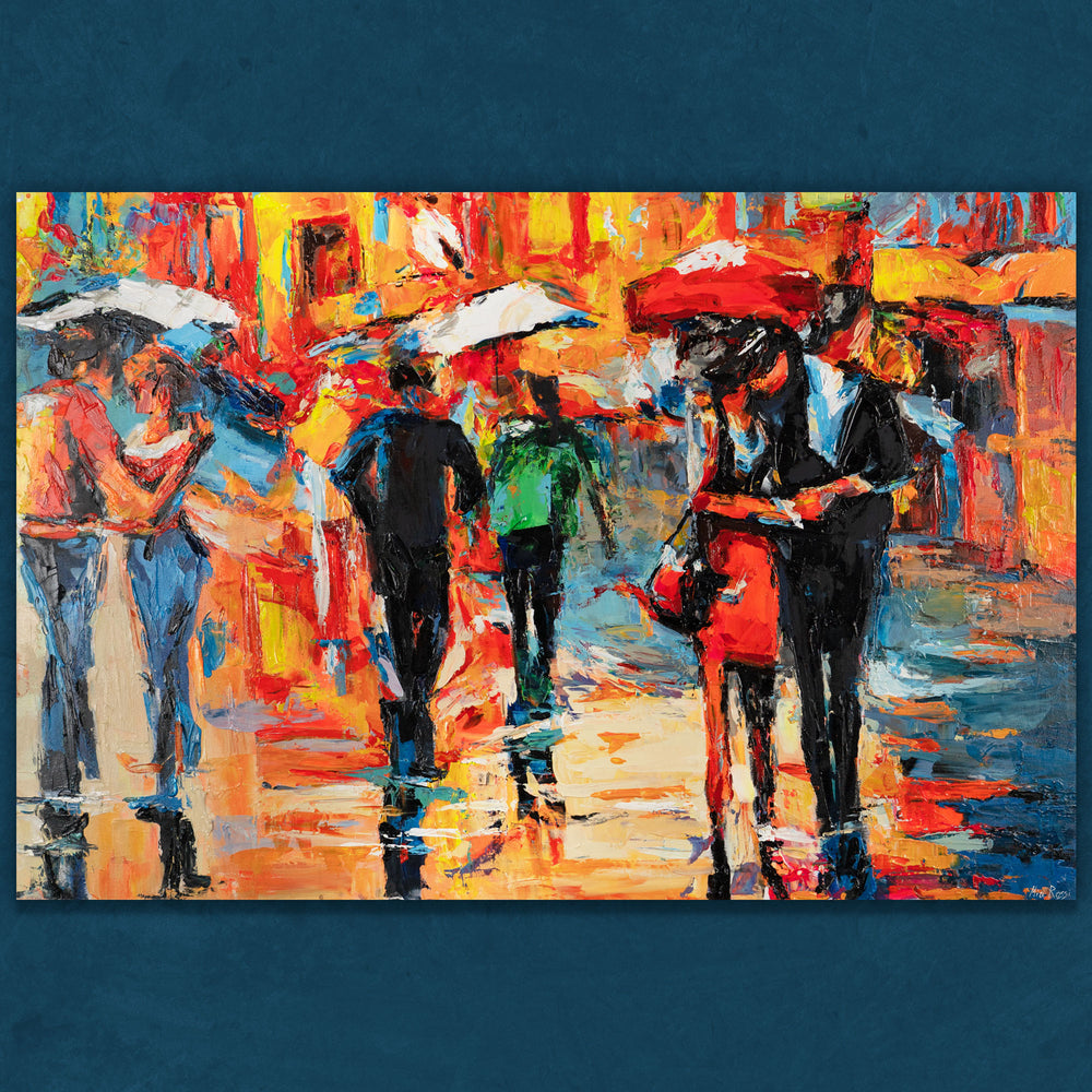Acrylgemälde auf Leinwand mit Spaziergängern und Schirmen bei Regen