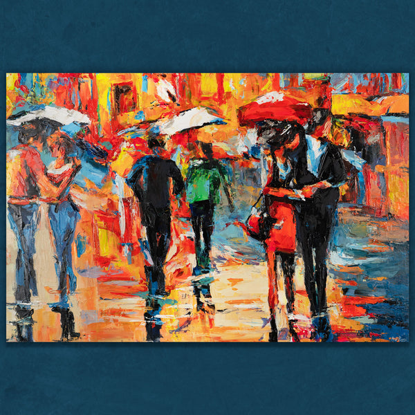 Acrylgemälde auf Leinwand mit Spaziergängern und Schirmen bei Regen